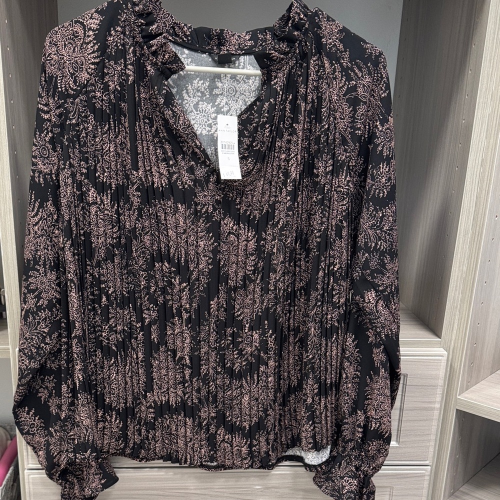Ann Taylor Black Blouse with Pink Floral Print